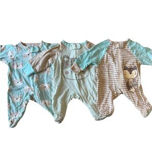 Baby Blue, Grey, & White Stripe Animal Pattern Footie Sleepers 3 Piece Set